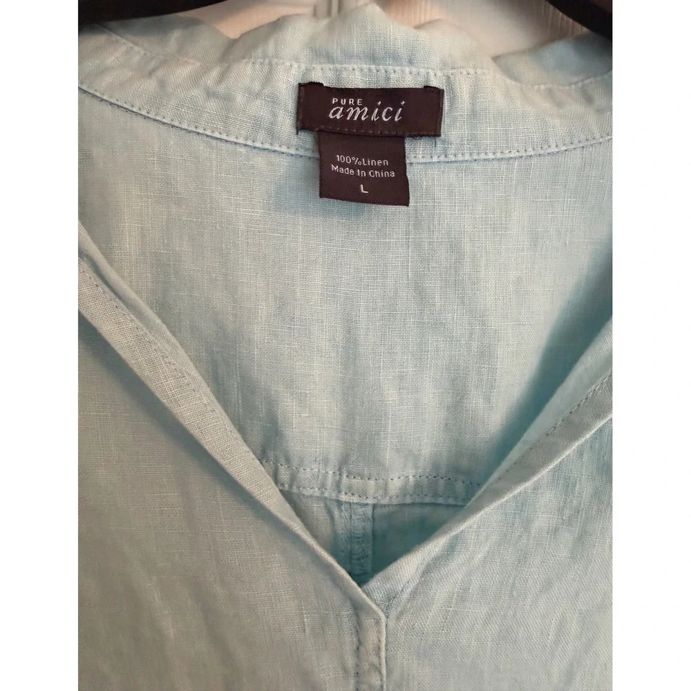 Pure Amici Light Blue 100% Linen Short Sleeve V-Neck Shift Dress L